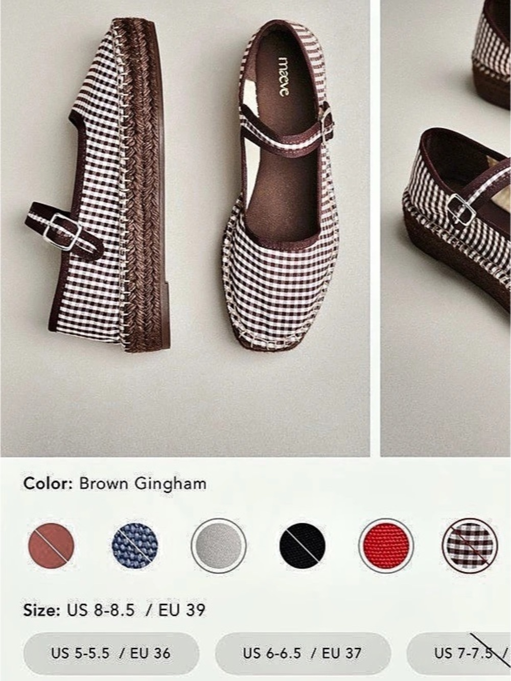 Maeve Mary Jane Espadrille Flats brown Gingham US 8.5 / EU 39